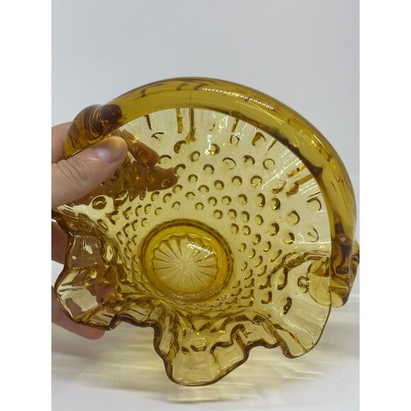 VTG Glass Amber Hobnail Ruffled Edge 5.75" Candy Basket Dish Handle - Picture 5 of 6